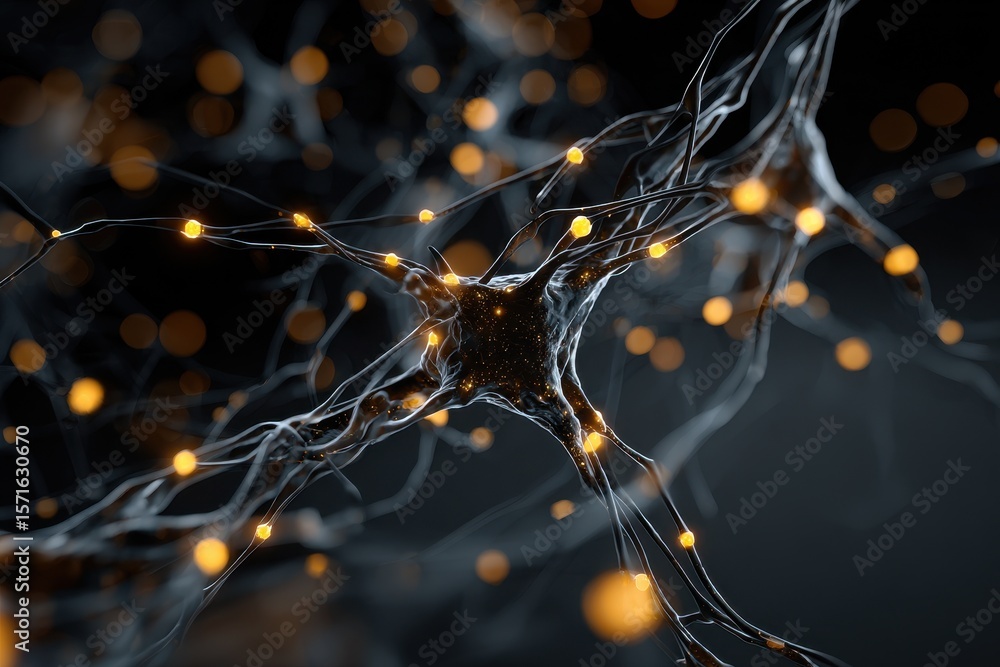 Poster close up view of complex neural network showcasing synapses illuminated by glowing elements in a dar