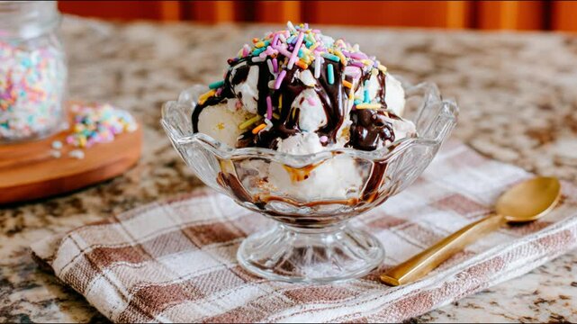Delicious ice cream sundae with chocolate sauce and sprinkles in a glass bowl.