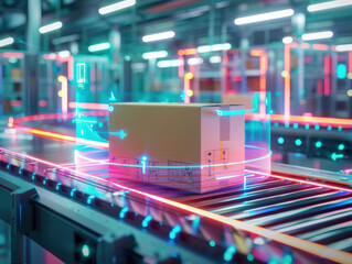 Six-sided package scanner capturing 360-degree product data, holographic scanning lines, packages moving through automated system, high-tech industrial environment, futuristic technology concept