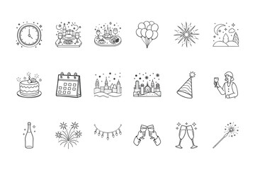 Handdrawn New Year's Eve Celebration Icons Bundle featuring clock champagne fireworks cake calendar more