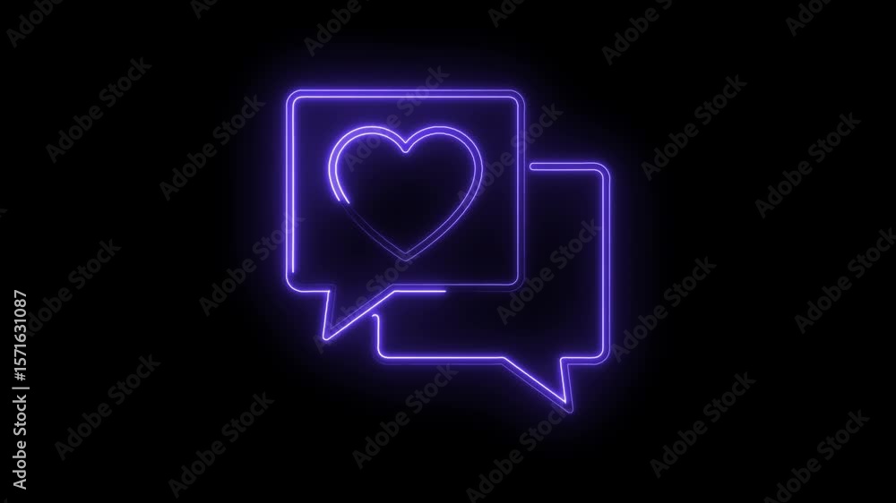 Poster Glowing neon speech bubbles with heart icon animated on black background seamless loop