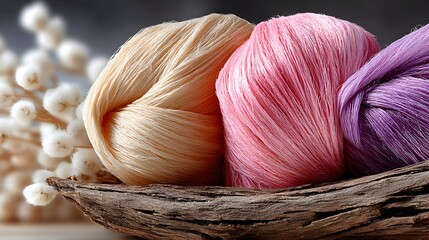 Pastel yarn skeins in wooden bowl, flower backdrop
