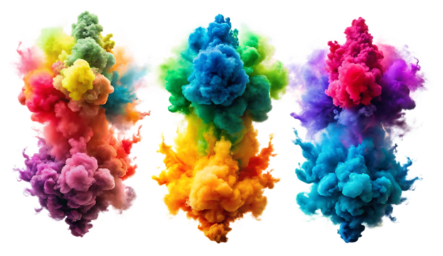 Three vibrant explosions of multicolored smoke in a symmetrical arrangement isolated on a transparent background