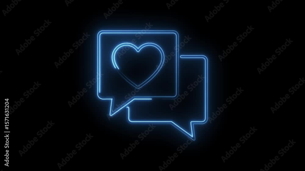 Poster glowing neon heart shape inside message bubble on black background animation