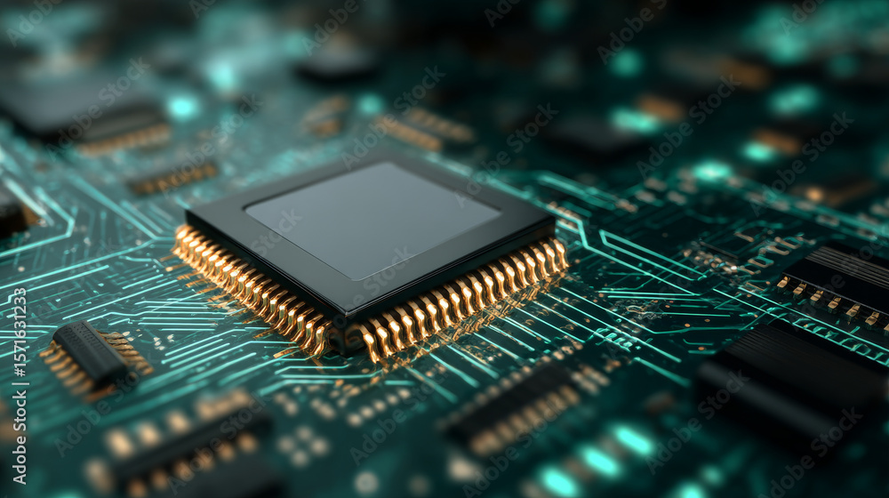 Poster horizontal technology banner. abstract tech blue-green background. ai chip or semiconductor in the c