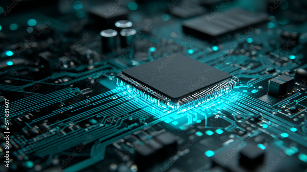 Poster horizontal technology banner. abstract tech blue-green background. ai chip or semiconductor in the c