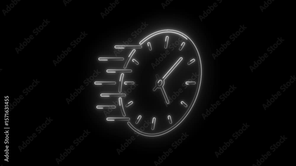 Poster animated clock speeding through time neon effect on black background time flies