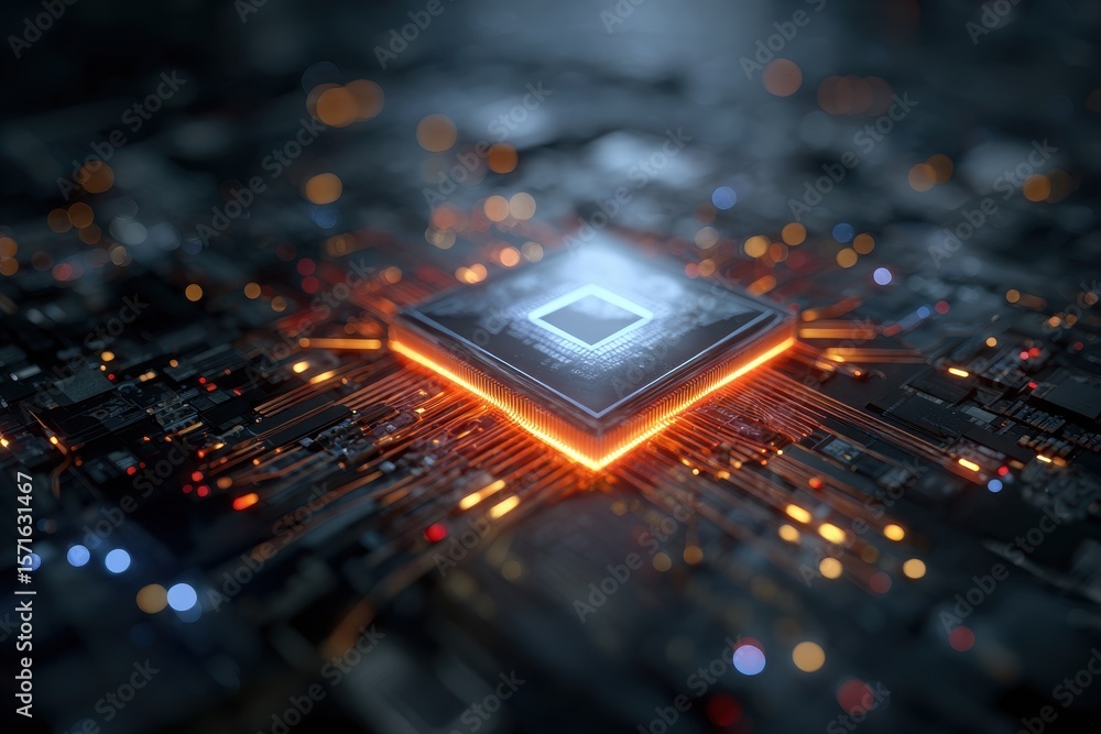 Poster close up view of advanced ai chip glowing with energy among intricate circuitry in a futuristic sett