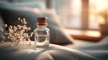 Small transparent apothecary bottle on soft beige fabric background with dried flowers, natural remedy still life