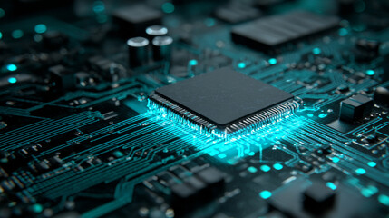 Horizontal technology banner. Abstract tech blue-green background. AI chip or semiconductor in the center of a circuit board. Digital bg. Data and information. Computers concept. Vector illustration.