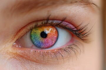 Fototapeta premium Close up of a female eye with a colorful rainbow pupil showing vibrant hues and intricate details captured in natural light