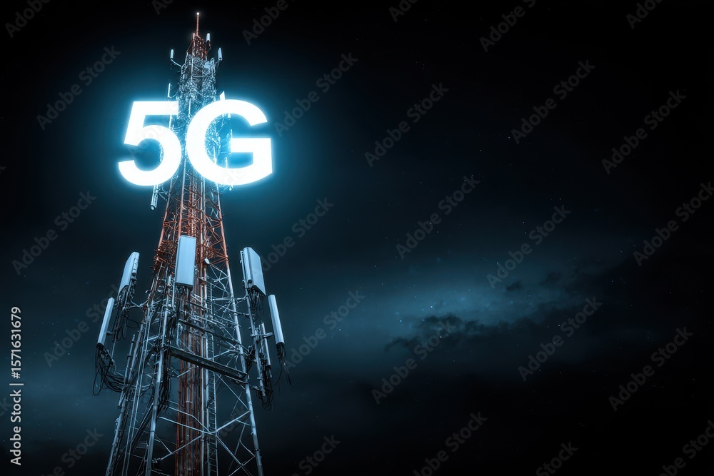 Poster global network connectivity highlighted by a 5g communication tower illuminating the night sky with 