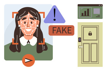 Facial recognition scanning face with fake alert, data chart in a browser window, locked smart door. Ideal for technology, security, AI ethics, fraud detection, biometrics, smart homes simple