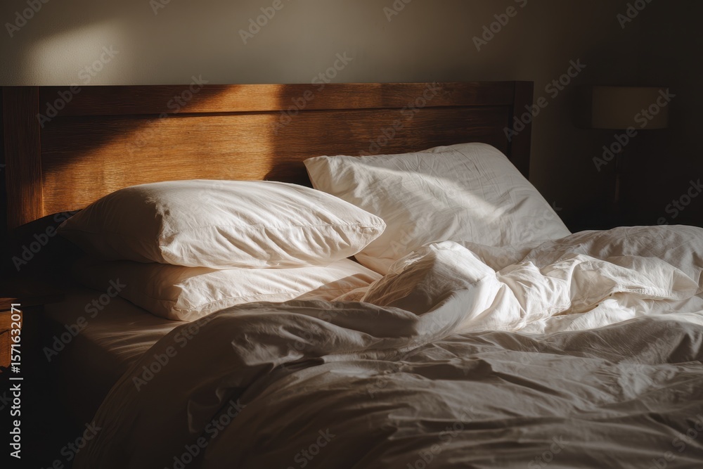 Aufkleber cozy bed with white comforter and pillows illuminated by soft sunlight, creating a warm and inviting