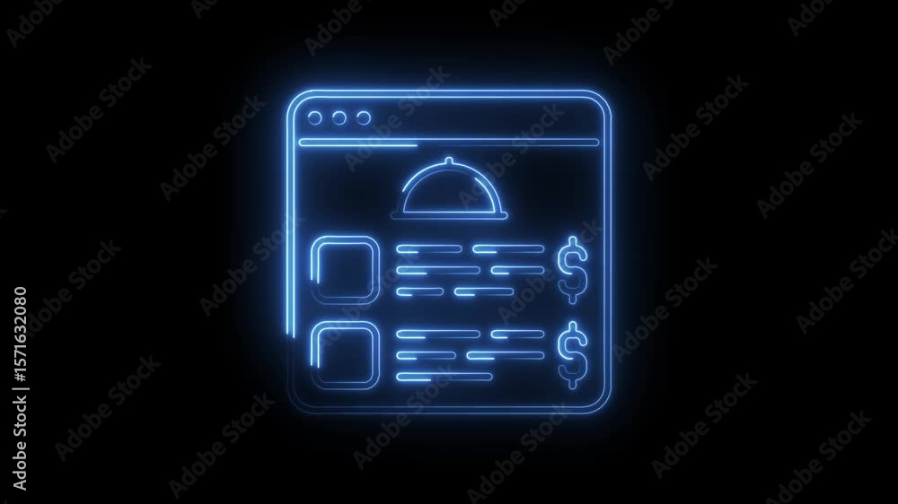 Poster glowing neon food ordering app interface with prices on dark background animation