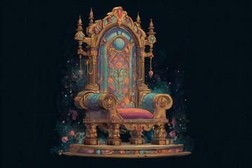 Magnificent decorative king throne surrounded by intricate designs, vibrant colors, and ornate details in a fantasy setting