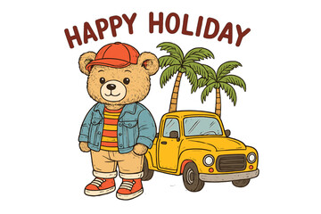 Cute bear character in casual attire stands beside a bright yellow truck with palm trees in a holiday setting