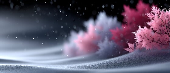 Pink, snowy forest landscape; winter scene