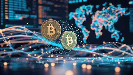 Global Cryptocurrency Transactions: Bitcoin Coins Hovering Over a World Map