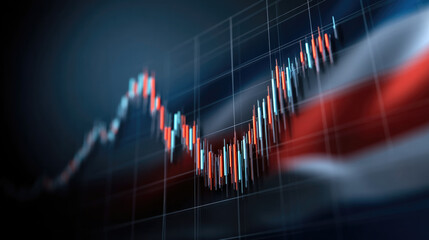 Stock market candle chart, financial graph, glowing line, investment, economic growth, flag background, dynamic trend