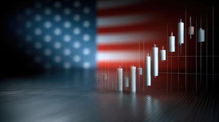 Stock market candle chart, American flag background, financial growth, investment, trading, economic optimism, digital illustration