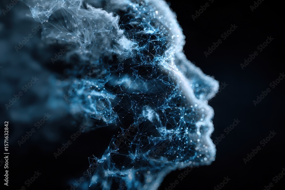 Poster artificial intelligence visualization of a human silhouette merging with digital elements and patter