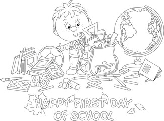 Greeting card with a funny little schoolboy first grader before start of classes, completing his schoolbag with textbooks, exercise books, rules, pencils and pens, vector cartoon illustration