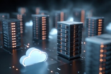 Cloud infrastructure showcasing interconnected server towers and data management systems in a futuristic setting