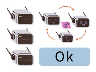 Robots performing sequential tasks thinking, searching, researching, with arrows showing collaboration and pink settings file. Ideal for innovation, automation, teamwork, technology, research