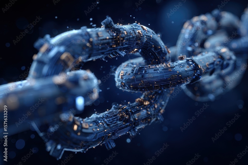 Poster modern conceptual representation of a high-tech mechanical chain in a futuristic setting showcasing 