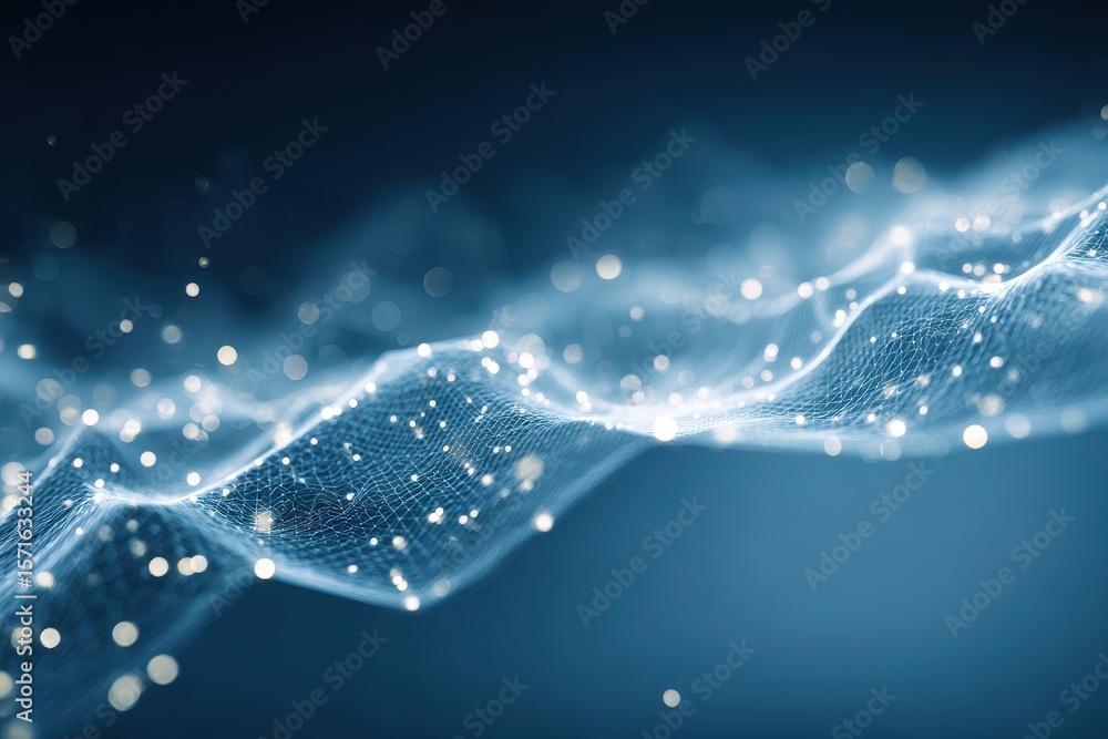 Poster ethereal network connections creating a soft blue landscape of digital waves and luminous particles 