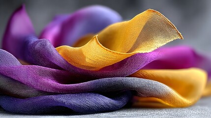 Purple, gold silk fabric swirl, close-up studio shot, gray background, textile design