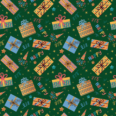 Vector seamless holiday pattern with gift boxes, crackers, stars and the inscription "Happy" on a dark green background. Ideal for holiday wallpapers, wrapping paper and textiles.