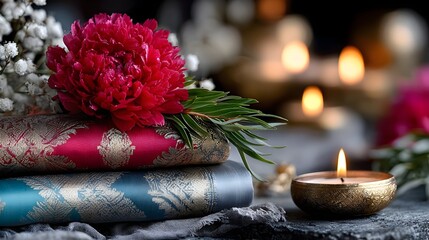 Red peony on books, candlelight, peaceful scene, relaxation
