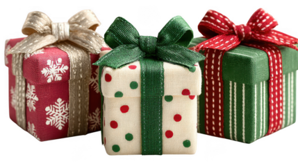 Three festive christmas gift boxes with decorative bows isolated on transparent background