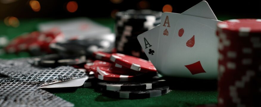 The poker scene featuring winning hands and colorful casino chips.