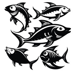Collection of six stylized black and white fish illustrations isolated on white background