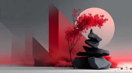 Red tree, stacked stones, minimalist backdrop, zen garden scene, website banner