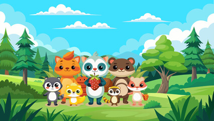 panoramic view, forest, sky, mountains, hills, bushes, grass, animals, cats, squirrels, hamsters, fruits, berries, juices, smoothies, cartoon