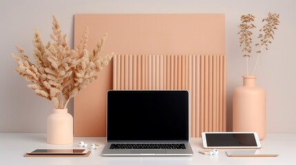Online learning setup with laptop, wireless earphones, tablet, and virtual whiteboard in a cozy study room. 
