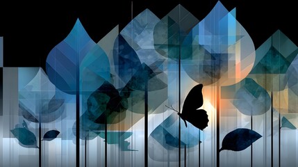 Silhouette butterfly sunset city leaves nature art