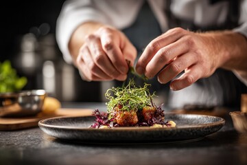Expert chef skillfully garnishes a gourmet dish with fresh herbs in a modern restaurant kitchen, showcasing culinary artistry and creativity in plating