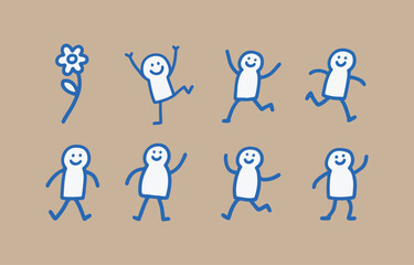 Simple blue outline stick figures happily dancing and running with a flower on a beige background