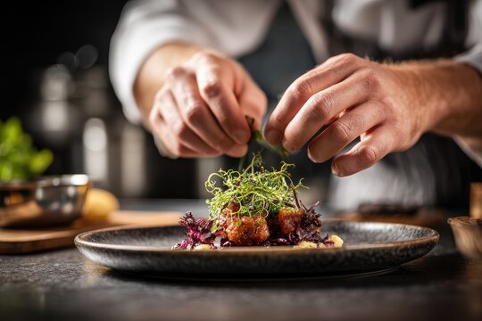 Expert chef skillfully garnishes a gourmet dish with fresh herbs in a modern restaurant kitchen, showcasing culinary artistry and creativity in plating