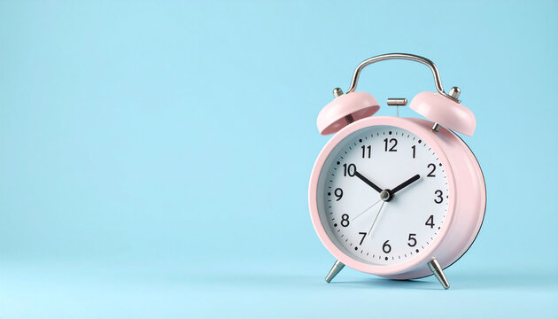 A pink alarm clock with silver bells and legs sits against a light blue background.