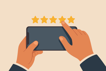Customer review and good feedback. Man hand uses smartphone for five star rating. Service satisfaction and positive experience concept. Client evaluation, testimonial, quality.