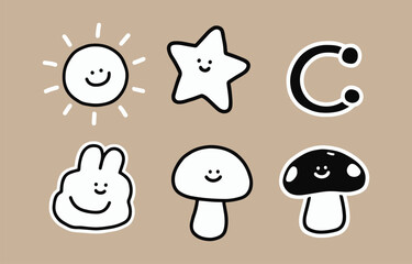 Cute kawaii smiling sun star crescent moon cloud bunny and mushrooms on a beige background