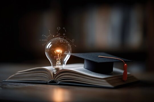 Graduation cap and light bulb with chemical formulas resting on open book - Powered by Adobe