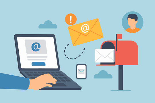 Email marketing communication concept. Sending newsletter from laptop to user mailbox. Digital inbox notification, online message subscription, customer engagement and outreach.