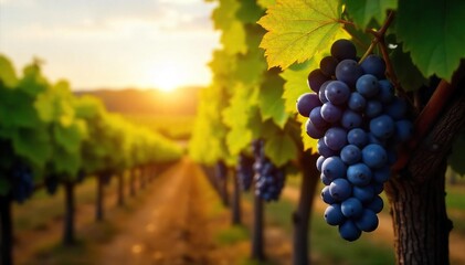 Naklejka premium Sunlit Grapes Hanging Heavy on the Vine, Ready for Harvest A Picturesque Vineyard Scene Awaits Winemaking